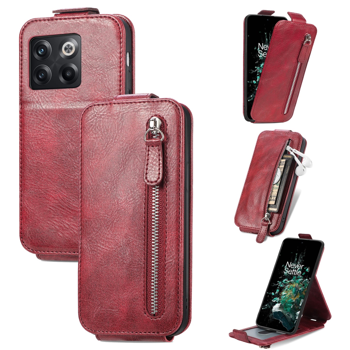 OnePlus 10T Zipper Wallet Case - Vertical Flip Leather Phone Cover with Multiple Card Slots and Stand