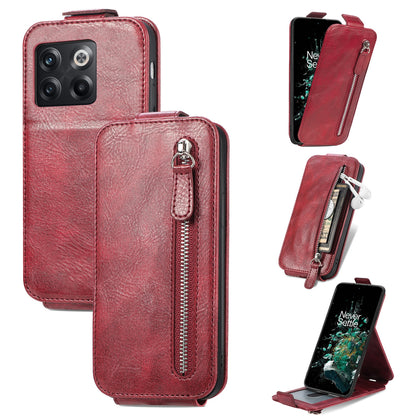OnePlus 10T Zipper Wallet Case - Vertical Flip Leather Phone Cover with Multiple Card Slots and Stand