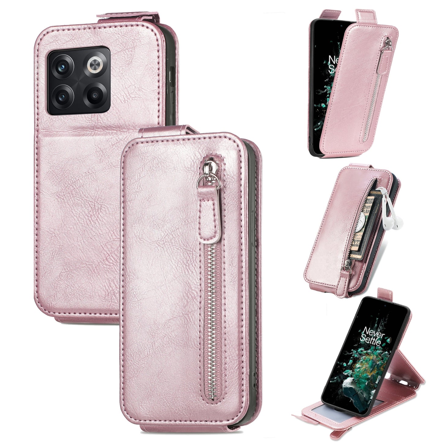 OnePlus 10T Zipper Wallet Case - Vertical Flip Leather Phone Cover with Multiple Card Slots and Stand