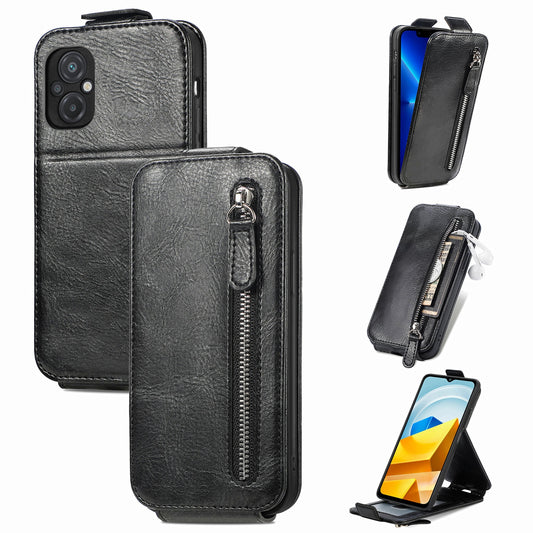 Xiaomi Poco M5 Zipper Wallet Case - Vertical Flip Leather Phone Cover with Multiple Card Slots and Stand