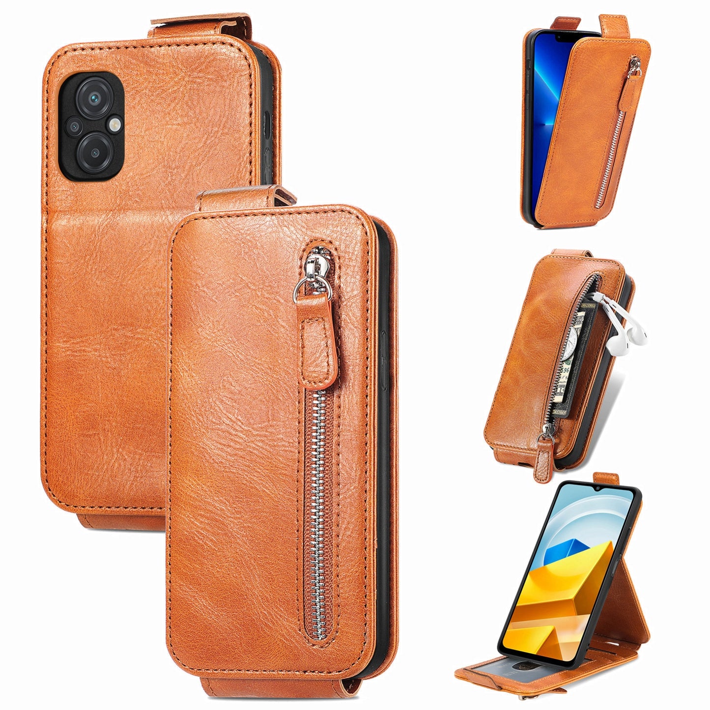 Xiaomi Poco M5 Zipper Wallet Case - Vertical Flip Leather Phone Cover with Multiple Card Slots and Stand