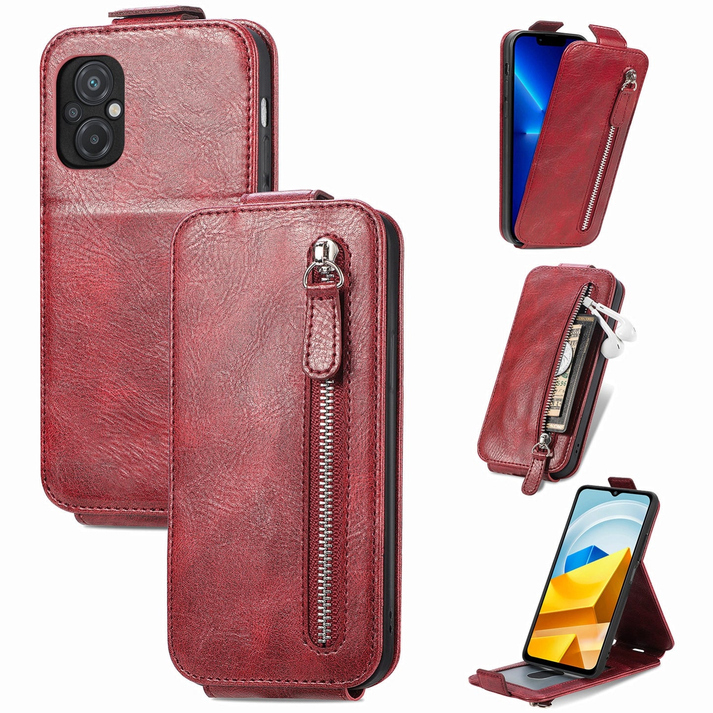 Xiaomi Poco M5 Zipper Wallet Case - Vertical Flip Leather Phone Cover with Multiple Card Slots and Stand