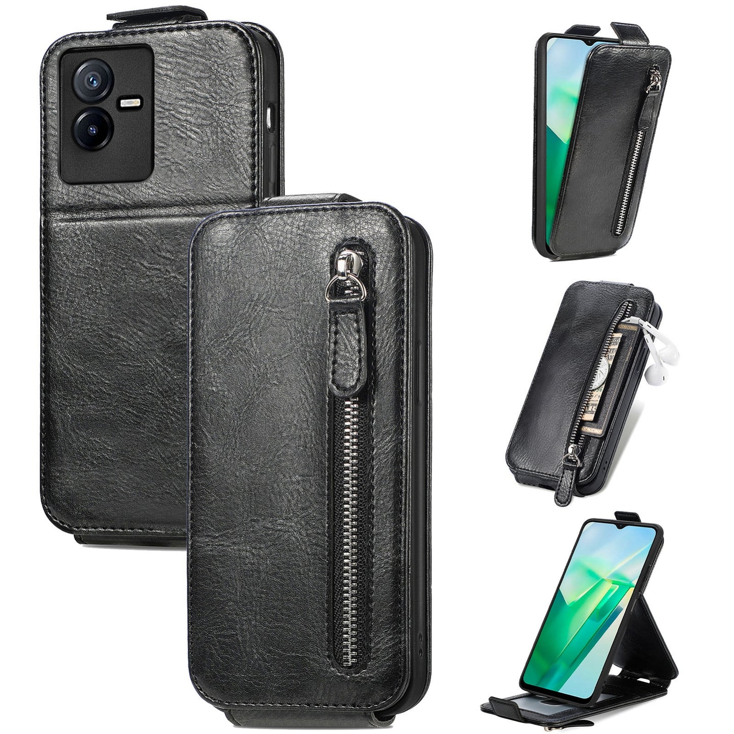 vivo T2X 5G Zipper Wallet Case - Vertical Flip Leather Phone Cover with Multiple Card Slots and Stand