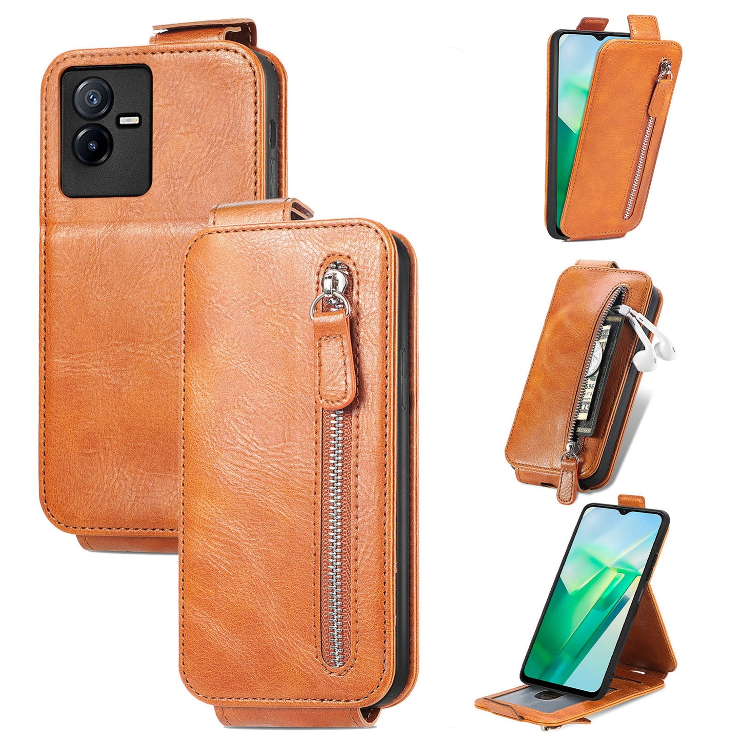 vivo T2X 5G Zipper Wallet Case - Vertical Flip Leather Phone Cover with Multiple Card Slots and Stand