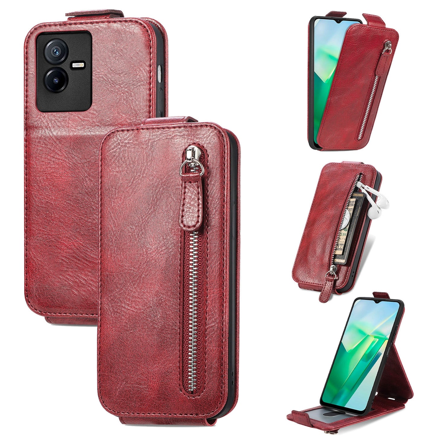 vivo T2X 5G Zipper Wallet Case - Vertical Flip Leather Phone Cover with Multiple Card Slots and Stand