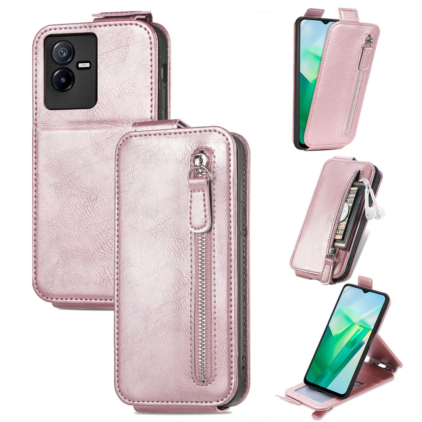 vivo T2X 5G Zipper Wallet Case - Vertical Flip Leather Phone Cover with Multiple Card Slots and Stand