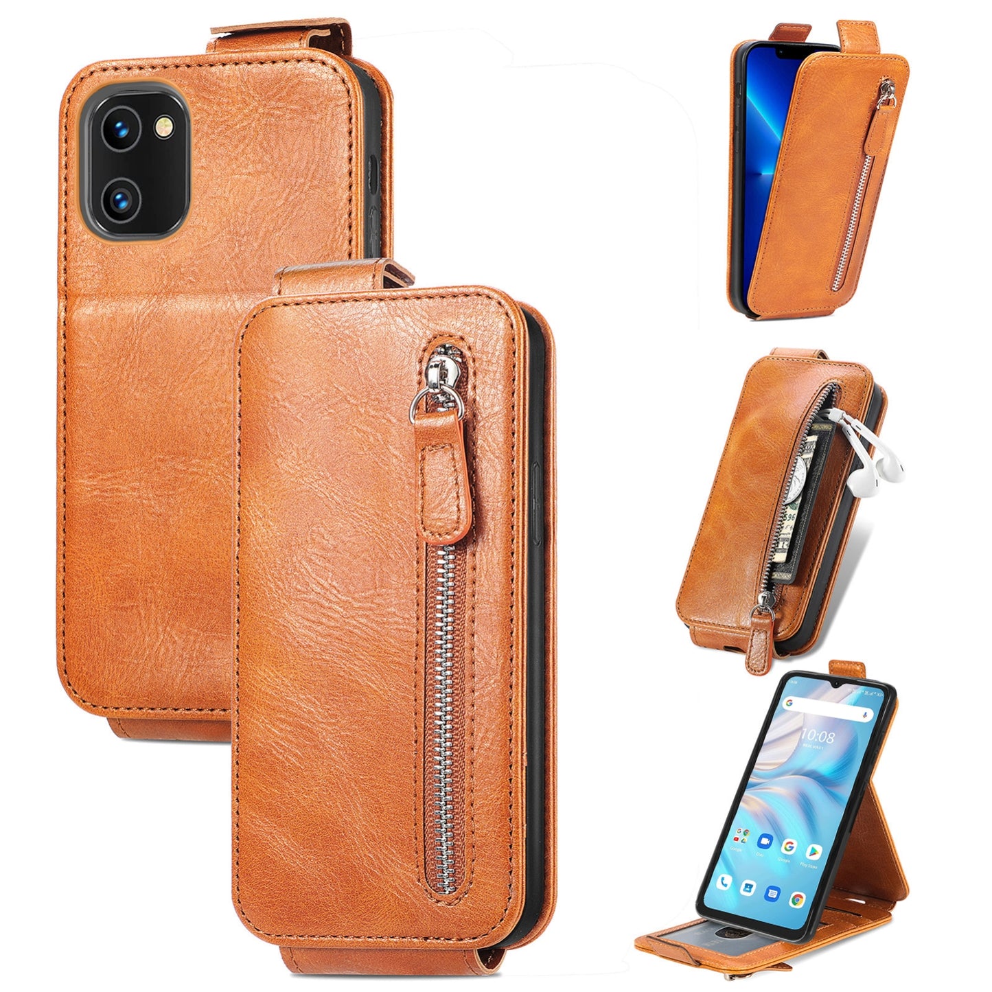 UMIDIGI A13S Zipper Wallet Case - Vertical Flip Leather Phone Cover with Multiple Card Slots and Stand