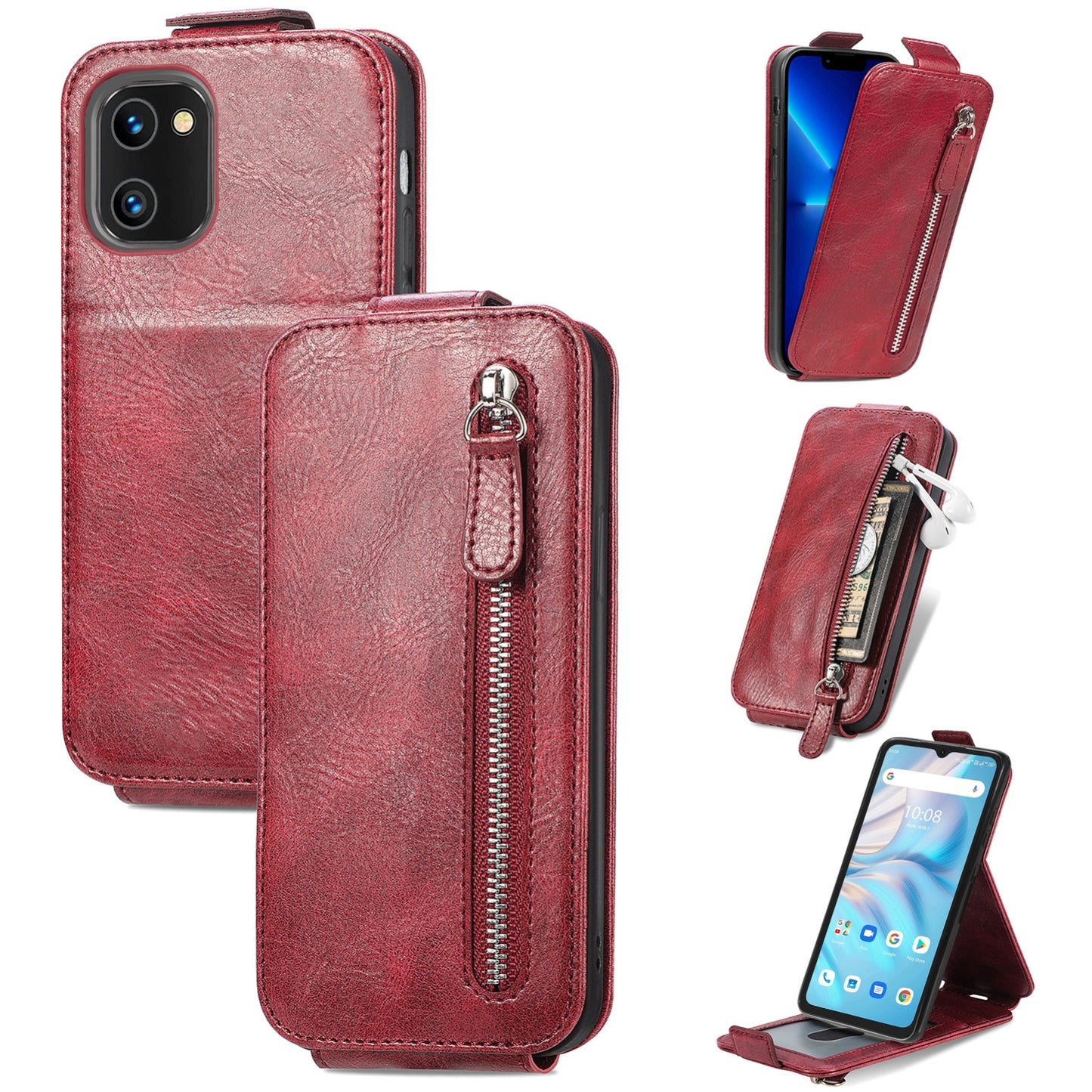 UMIDIGI A13S Zipper Wallet Case - Vertical Flip Leather Phone Cover with Multiple Card Slots and Stand