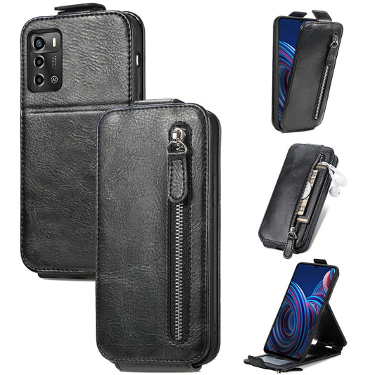 ZTE Blade A72 4G Zipper Wallet Case - Vertical Flip Leather Phone Cover with Multiple Card Slots and Stand