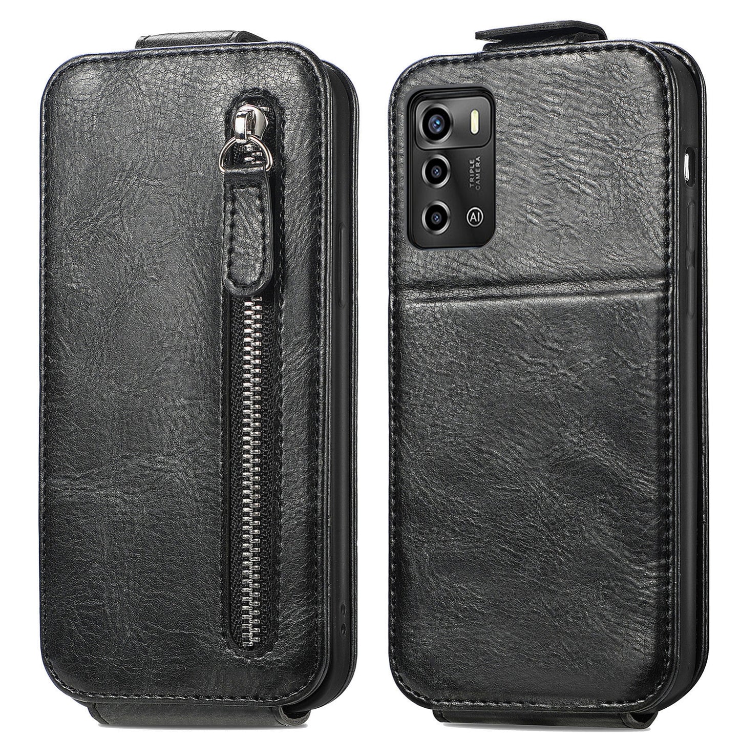 ZTE Blade A72 4G Zipper Wallet Case - Vertical Flip Leather Phone Cover with Multiple Card Slots and Stand