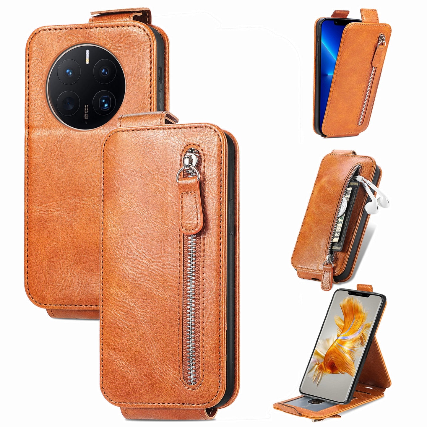 Huawei Mate 50 Pro Zipper Wallet Case - Vertical Flip Leather Phone Cover with Multiple Card Slots and Stand