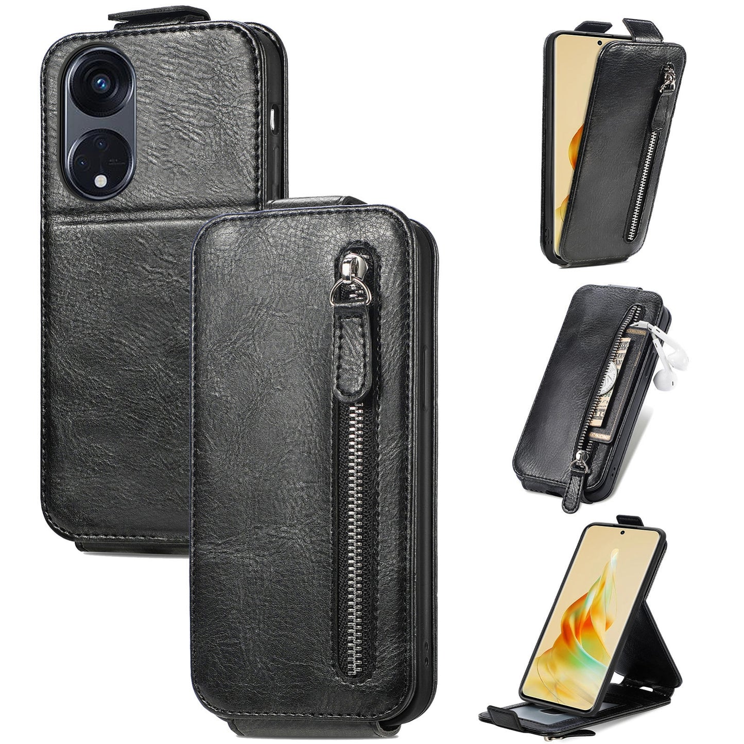Oppo Reno8 T 5G Zipper Wallet Case - Vertical Flip Leather Phone Cover with Multiple Card Slots and Stand