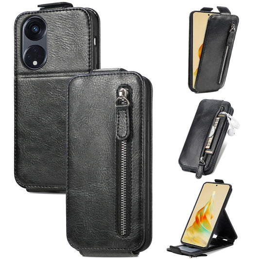Oppo Reno8 T 5G Zipper Wallet Case - Vertical Flip Leather Phone Cover with Multiple Card Slots and Stand