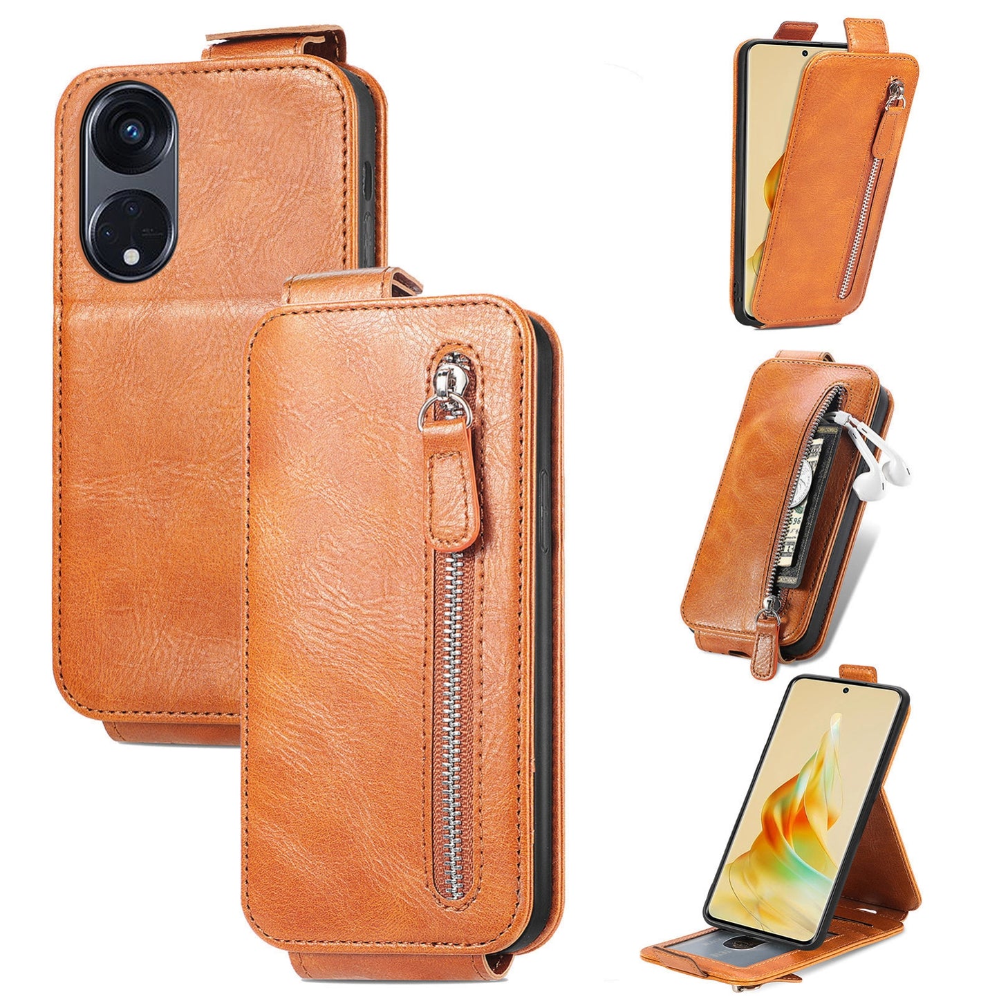 Oppo Reno8 T 5G Zipper Wallet Case - Vertical Flip Leather Phone Cover with Multiple Card Slots and Stand