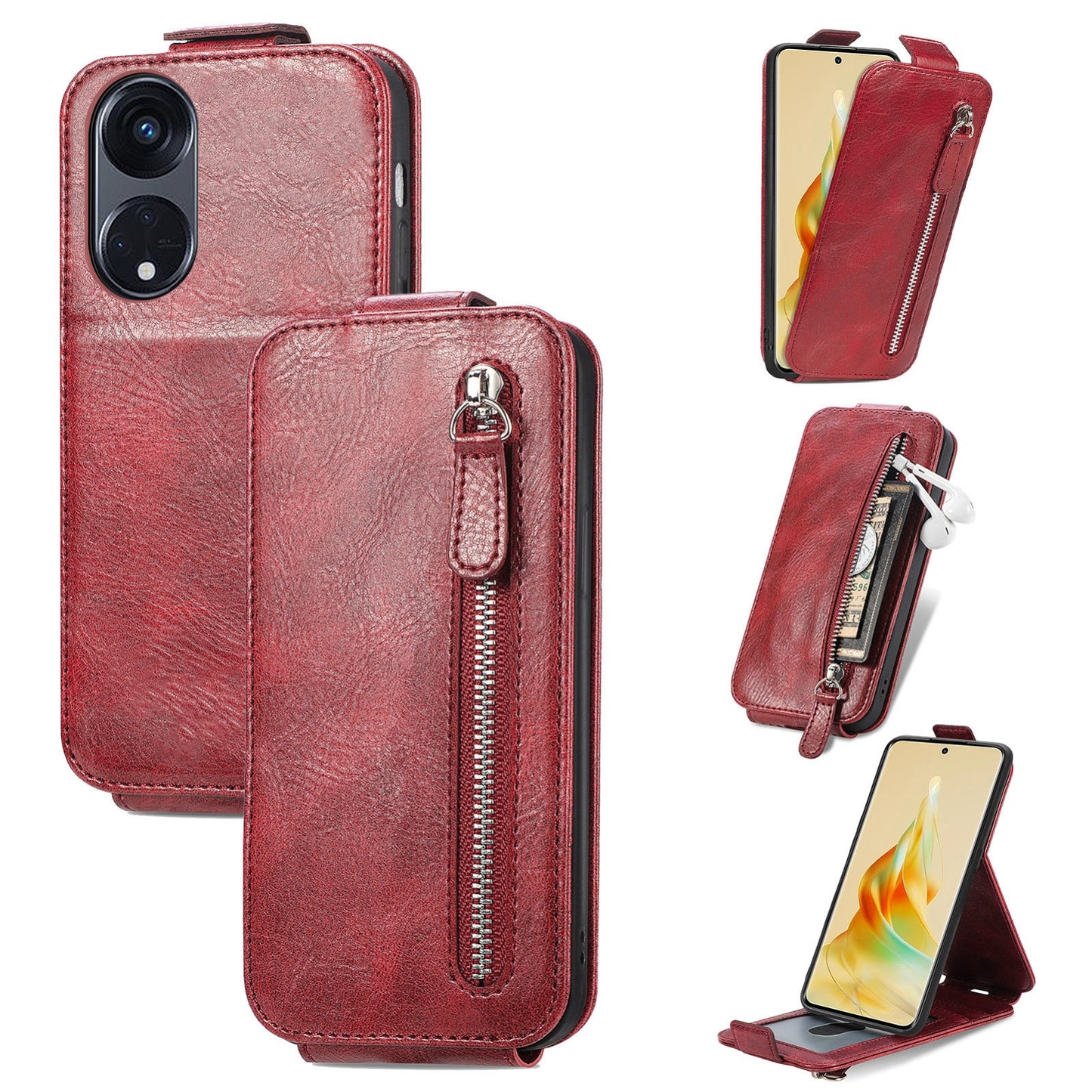 Oppo Reno8 T 5G Zipper Wallet Case - Vertical Flip Leather Phone Cover with Multiple Card Slots and Stand
