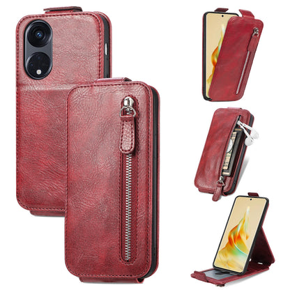 Oppo Reno8 T 5G Zipper Wallet Case - Vertical Flip Leather Phone Cover with Multiple Card Slots and Stand