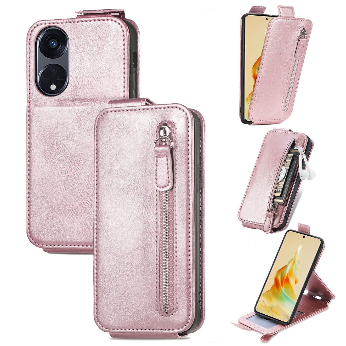 Oppo Reno8 T 5G Zipper Wallet Case - Vertical Flip Leather Phone Cover with Multiple Card Slots and Stand