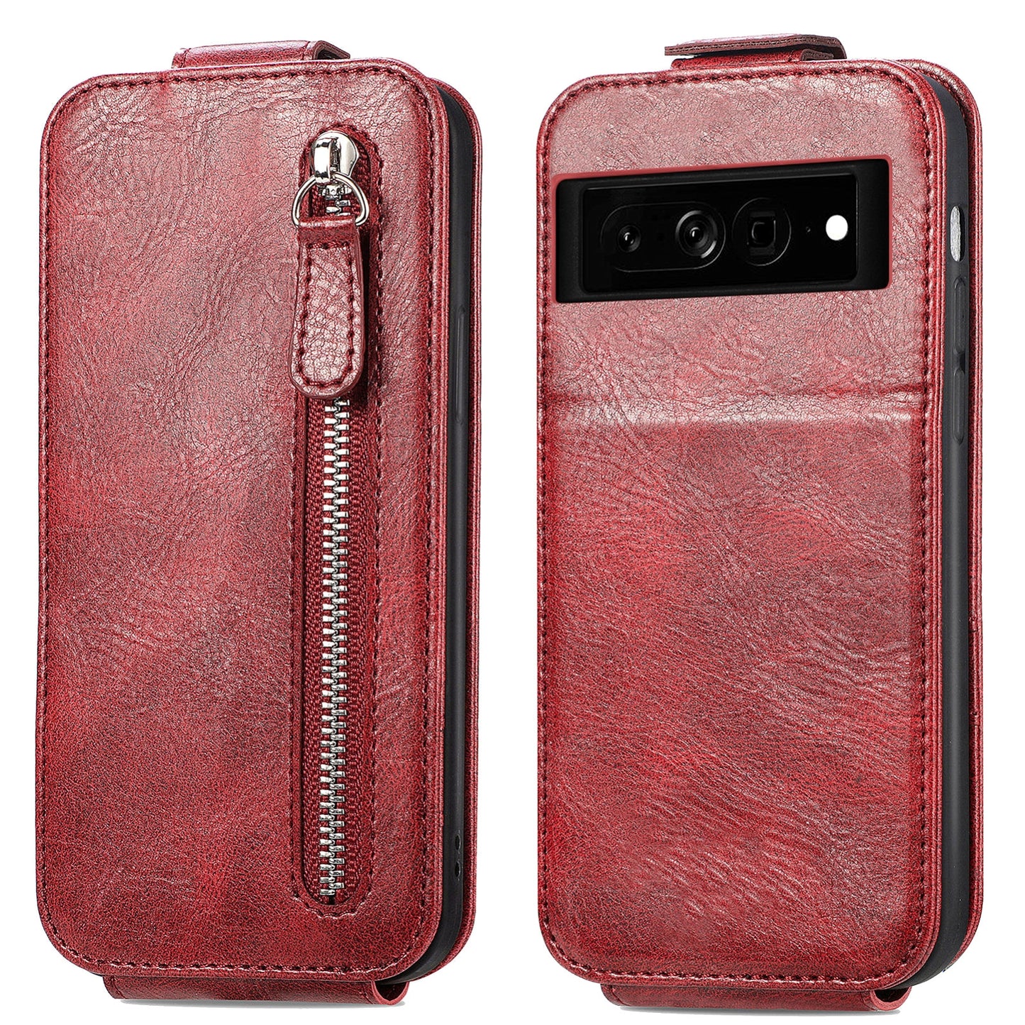 Google Pixel 7A Zipper Wallet Case - Vertical Flip Leather Phone Cover with Multiple Card Slots and Stand