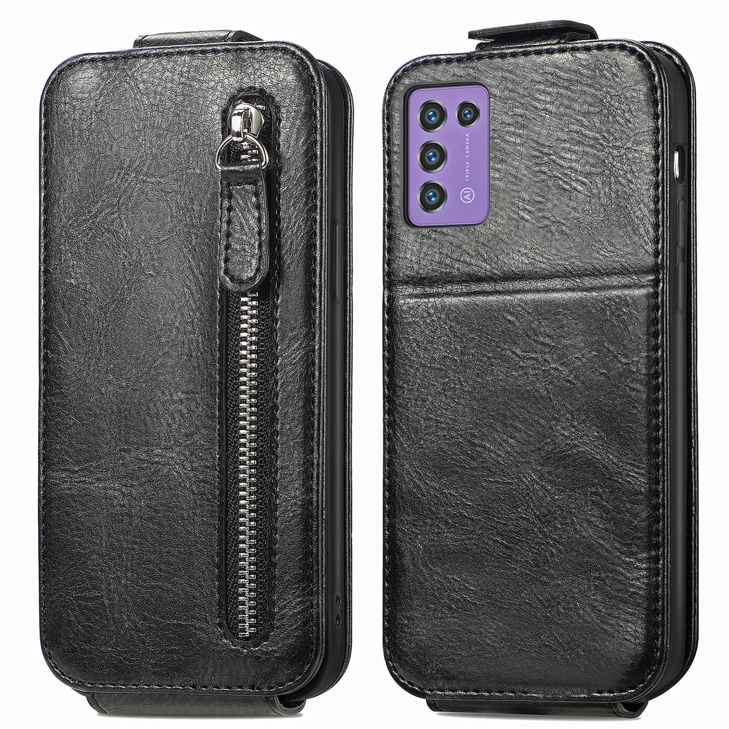 ZTE Libero 5G III Zipper Wallet Case - Vertical Flip Leather Phone Cover with Multiple Card Slots and Stand