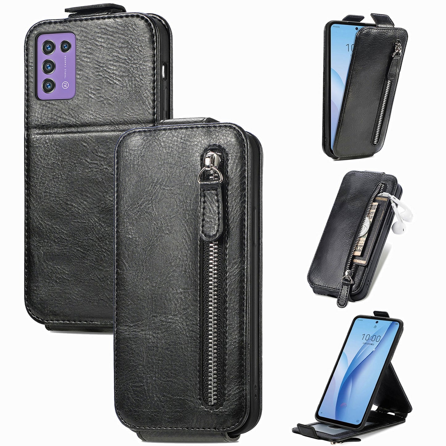 ZTE Libero 5G III Zipper Wallet Case - Vertical Flip Leather Phone Cover with Multiple Card Slots and Stand