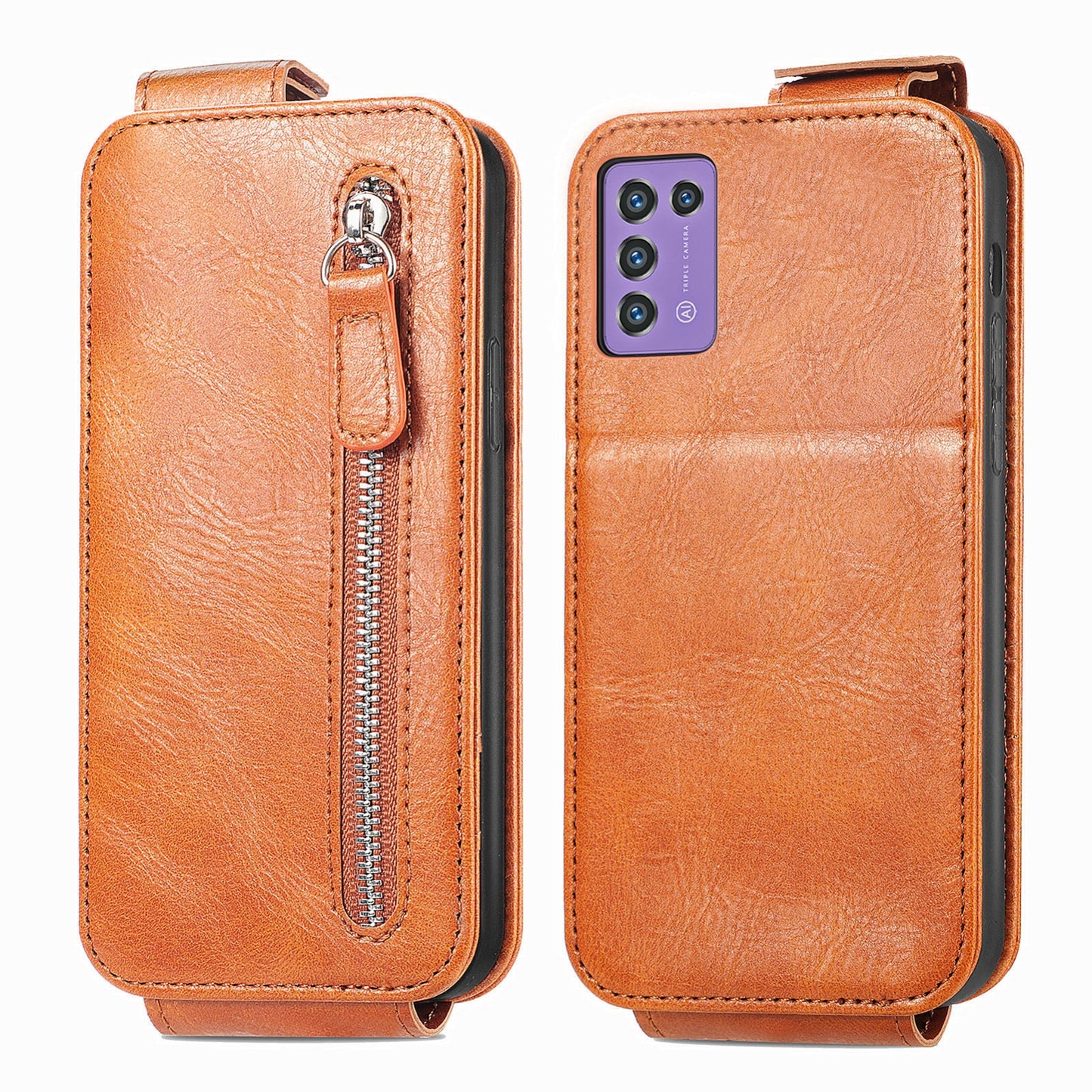 ZTE Libero 5G III Zipper Wallet Case - Vertical Flip Leather Phone Cover with Multiple Card Slots and Stand