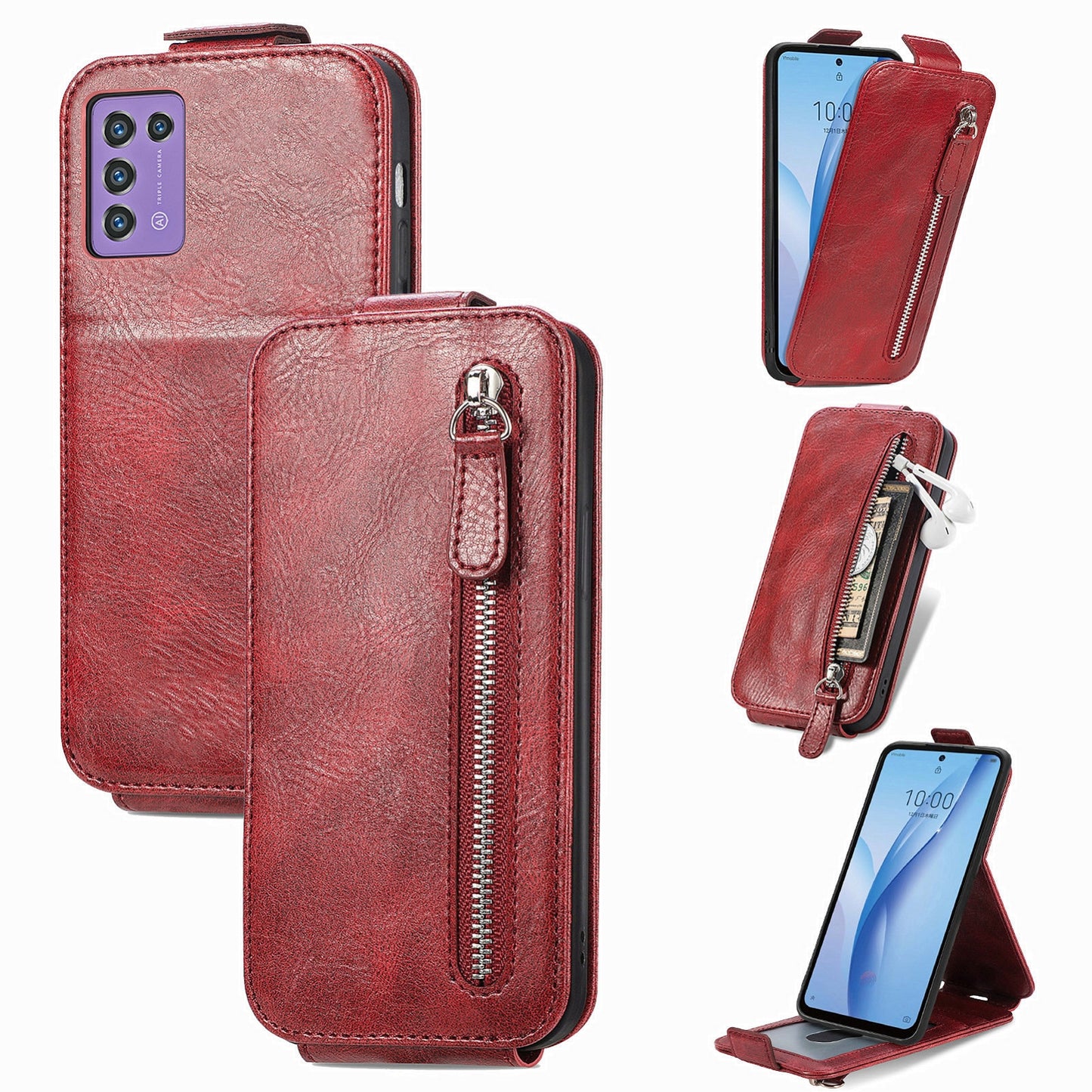 ZTE Libero 5G III Zipper Wallet Case - Vertical Flip Leather Phone Cover with Multiple Card Slots and Stand