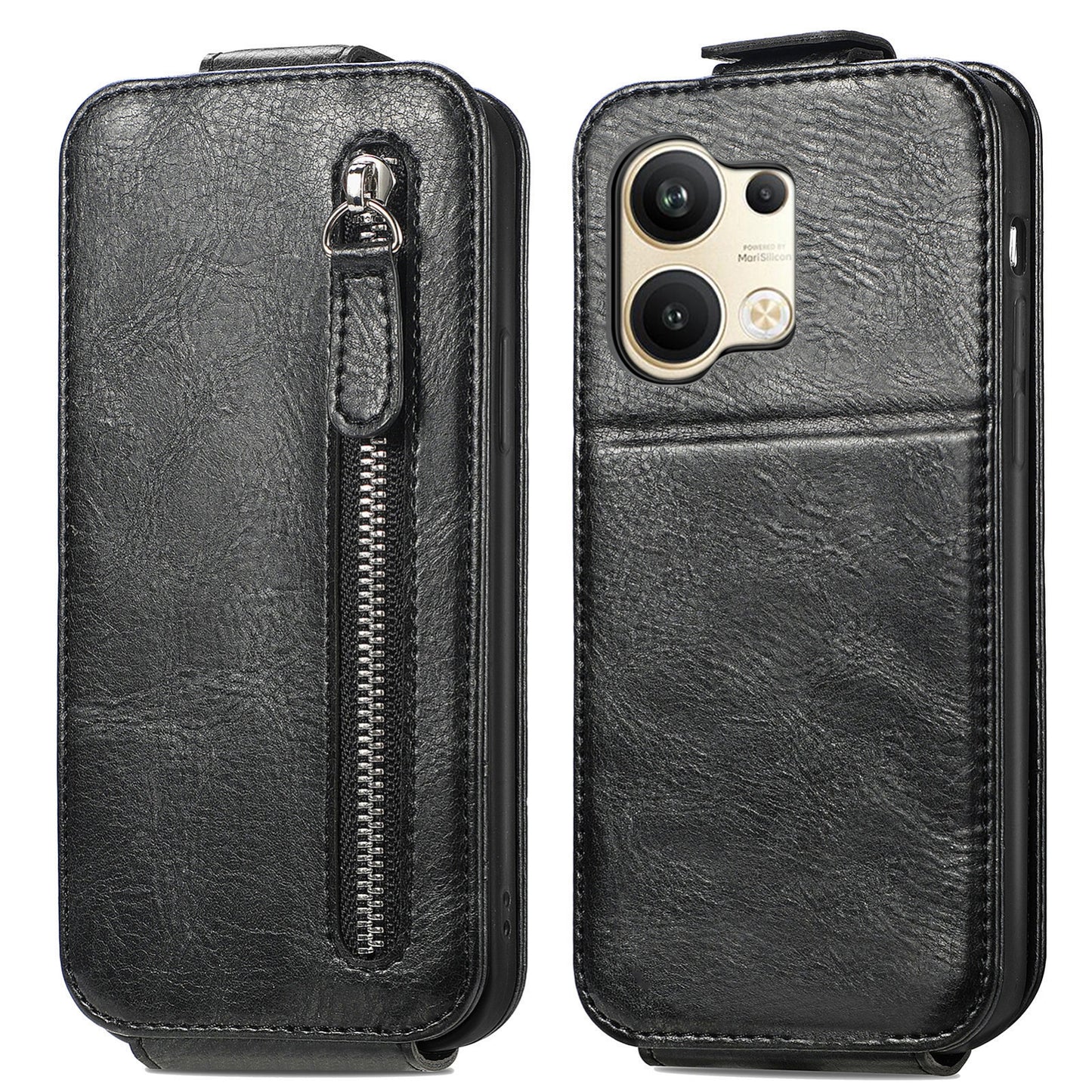 OPPO Reno9 Zipper Wallet Case - Vertical Flip Leather Phone Cover with Multiple Card Slots and Stand