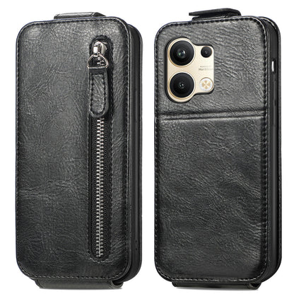 OPPO Reno9 Zipper Wallet Case - Vertical Flip Leather Phone Cover with Multiple Card Slots and Stand
