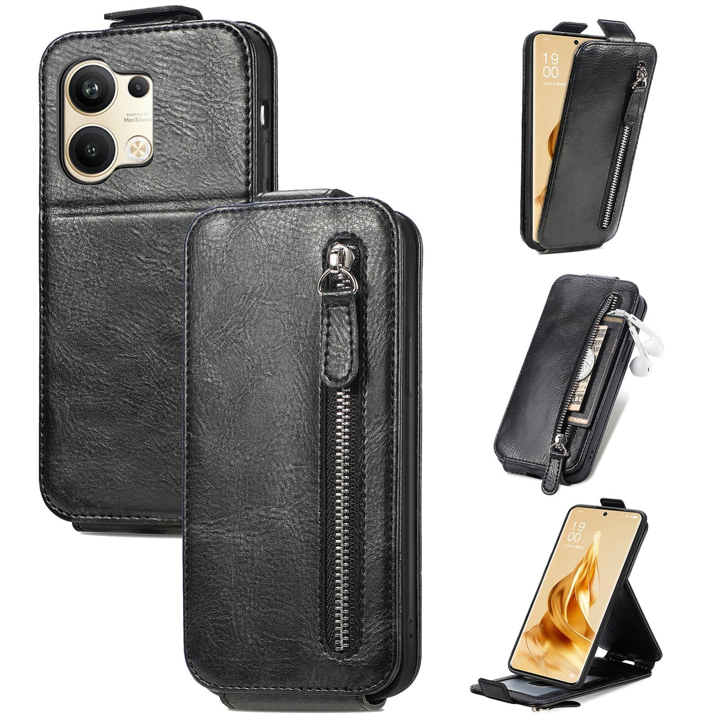 OPPO Reno9 Zipper Wallet Case - Vertical Flip Leather Phone Cover with Multiple Card Slots and Stand