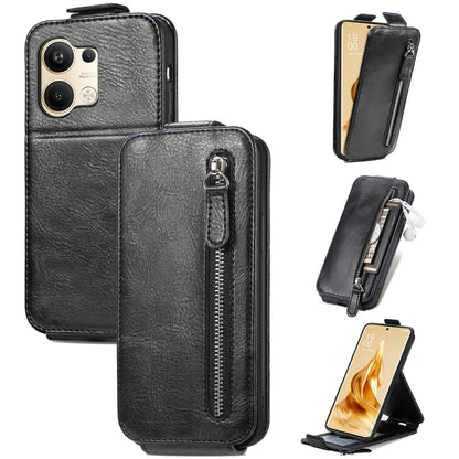 OPPO Reno9 Zipper Wallet Case - Vertical Flip Leather Phone Cover with Multiple Card Slots and Stand
