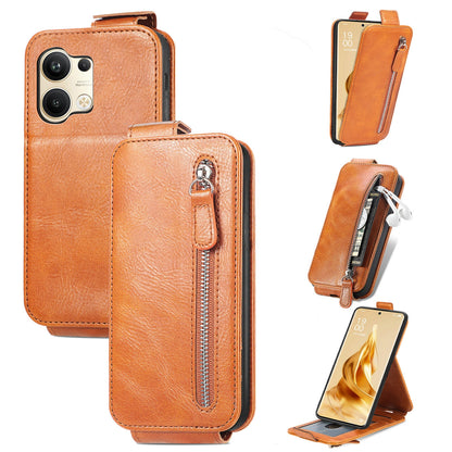 OPPO Reno9 Zipper Wallet Case - Vertical Flip Leather Phone Cover with Multiple Card Slots and Stand