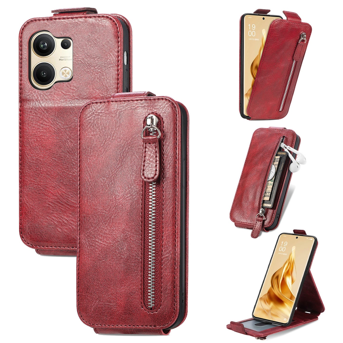 OPPO Reno9 Zipper Wallet Case - Vertical Flip Leather Phone Cover with Multiple Card Slots and Stand
