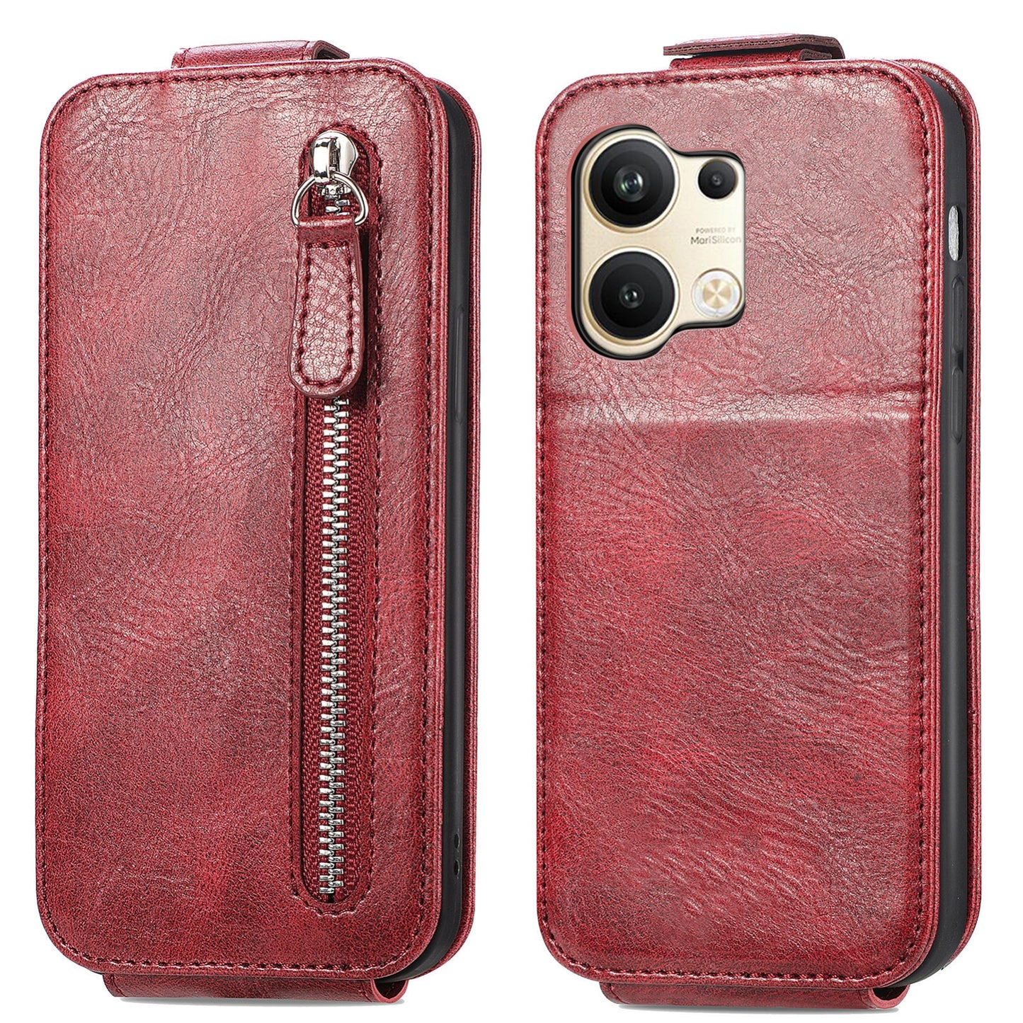 OPPO Reno9 Zipper Wallet Case - Vertical Flip Leather Phone Cover with Multiple Card Slots and Stand
