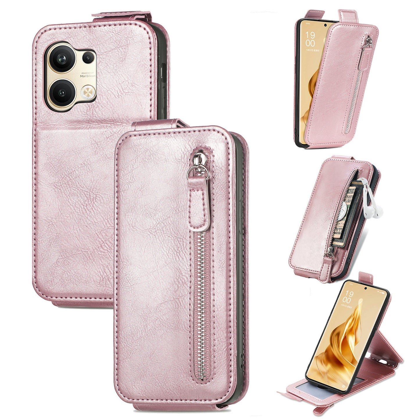OPPO Reno9 Zipper Wallet Case - Vertical Flip Leather Phone Cover with Multiple Card Slots and Stand