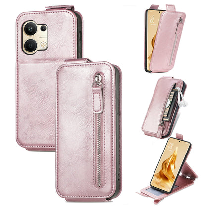 OPPO Reno9 Zipper Wallet Case - Vertical Flip Leather Phone Cover with Multiple Card Slots and Stand