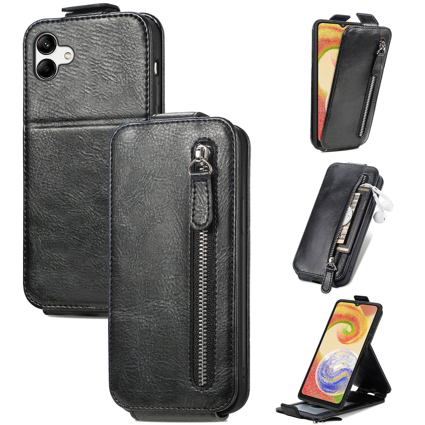Samsung Galaxy A04 Zipper Wallet Case - Vertical Flip Leather Phone Cover with Multiple Card Slots and Stand