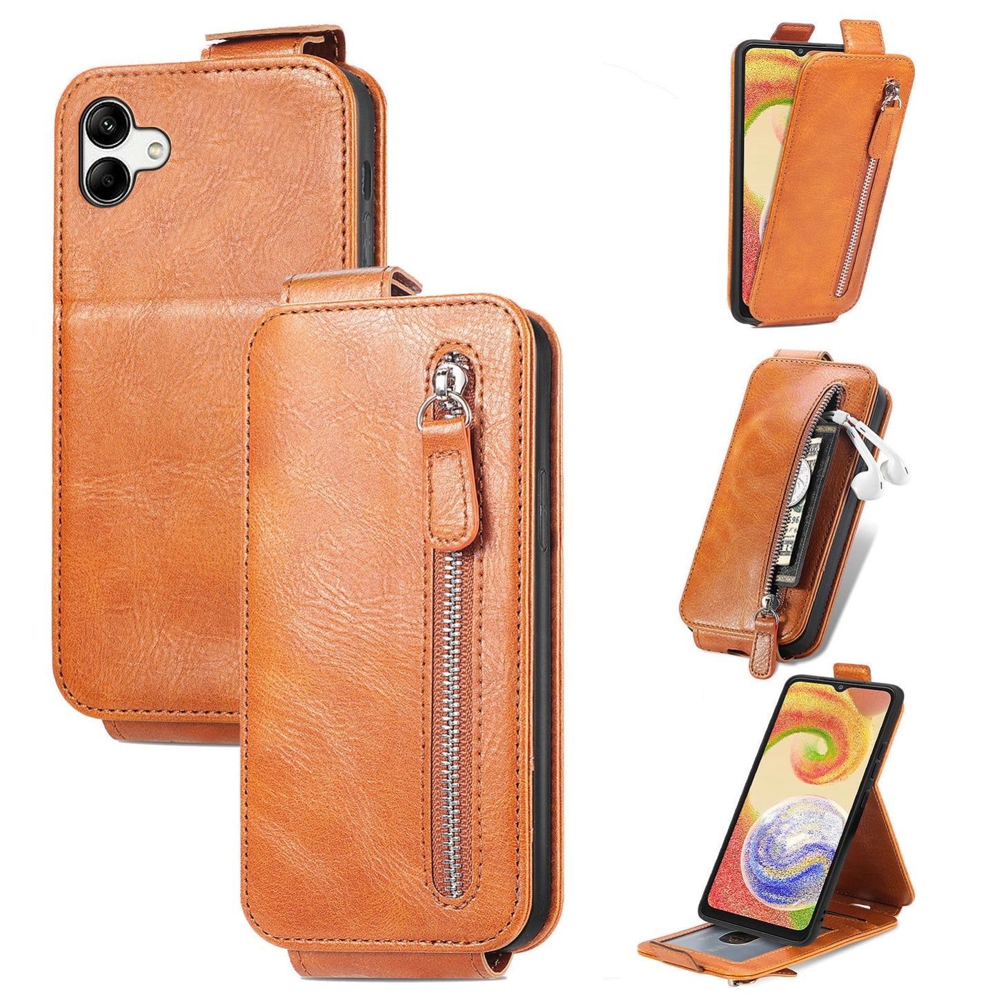 Samsung Galaxy A04 Zipper Wallet Case - Vertical Flip Leather Phone Cover with Multiple Card Slots and Stand