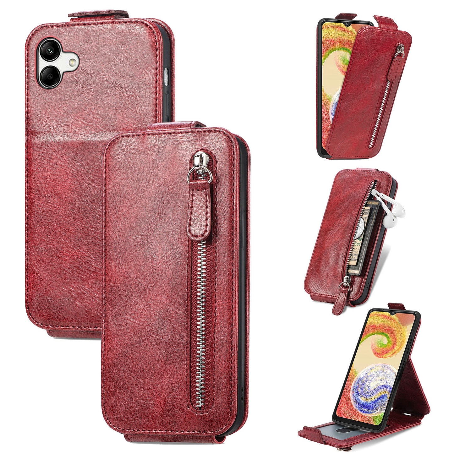 Samsung Galaxy A04 Zipper Wallet Case - Vertical Flip Leather Phone Cover with Multiple Card Slots and Stand