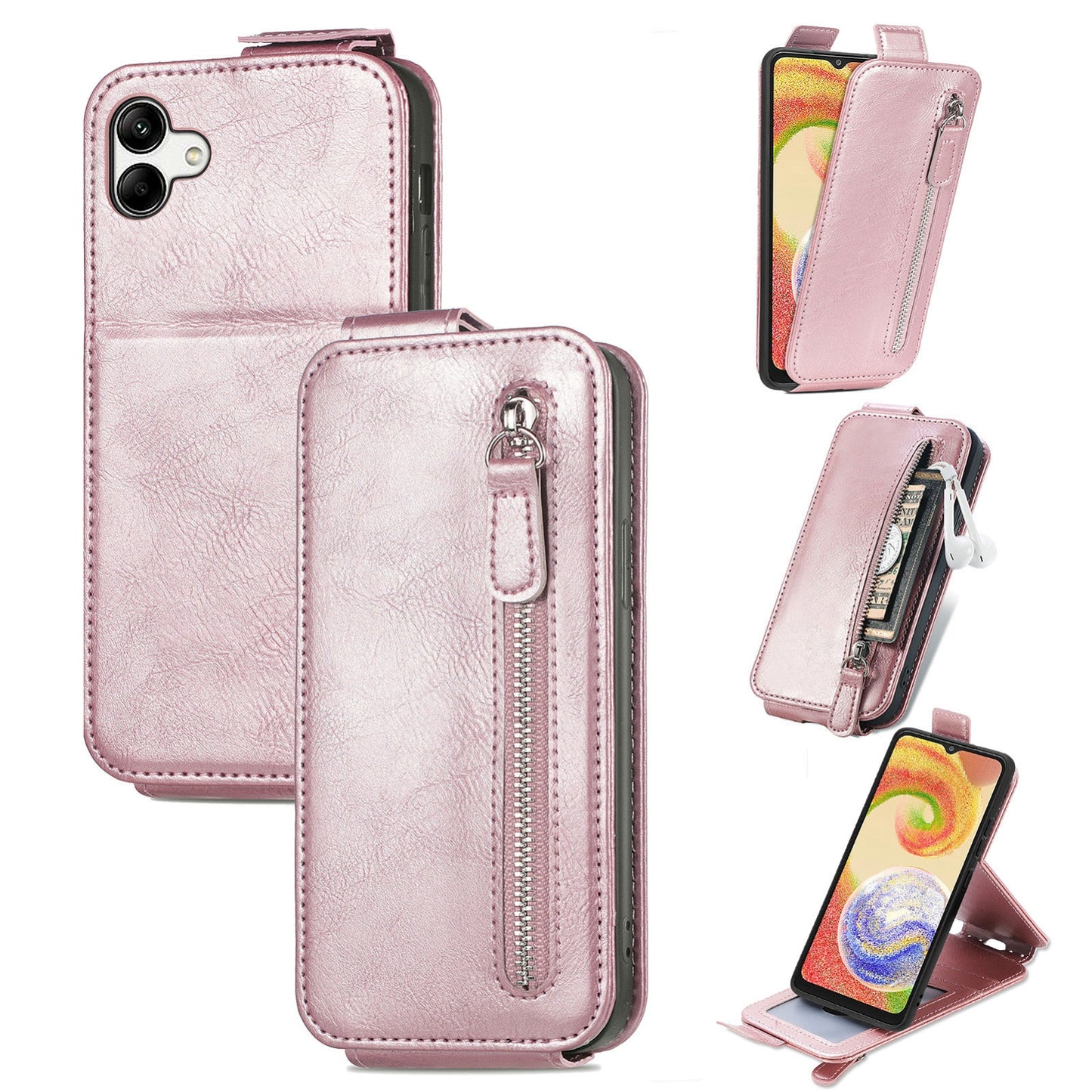 Samsung Galaxy A04 Zipper Wallet Case - Vertical Flip Leather Phone Cover with Multiple Card Slots and Stand