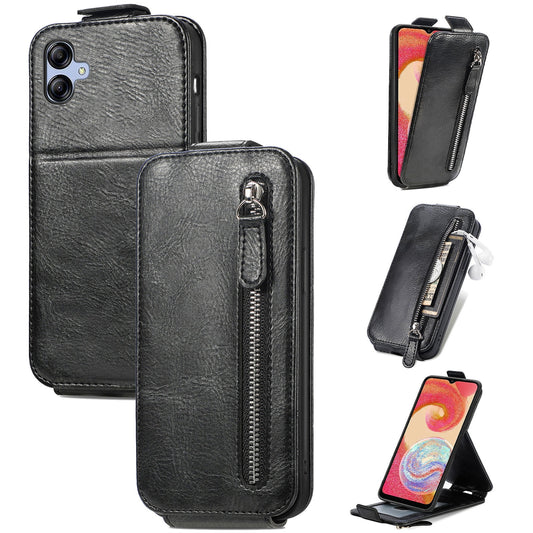 Samsung Galaxy A04e Zipper Wallet Case - Vertical Flip Leather Phone Cover with Multiple Card Slots and Stand
