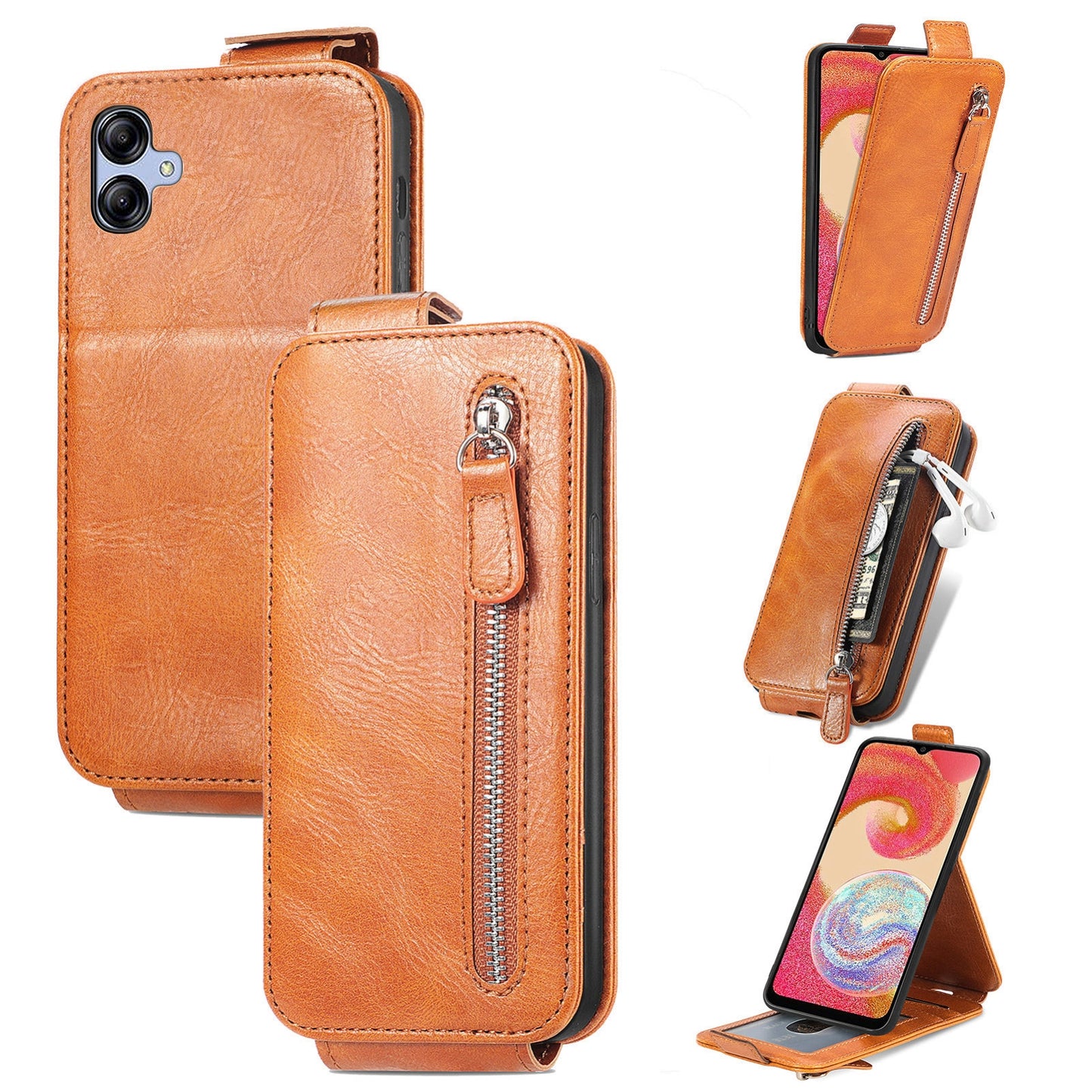 Samsung Galaxy A04e Zipper Wallet Case - Vertical Flip Leather Phone Cover with Multiple Card Slots and Stand