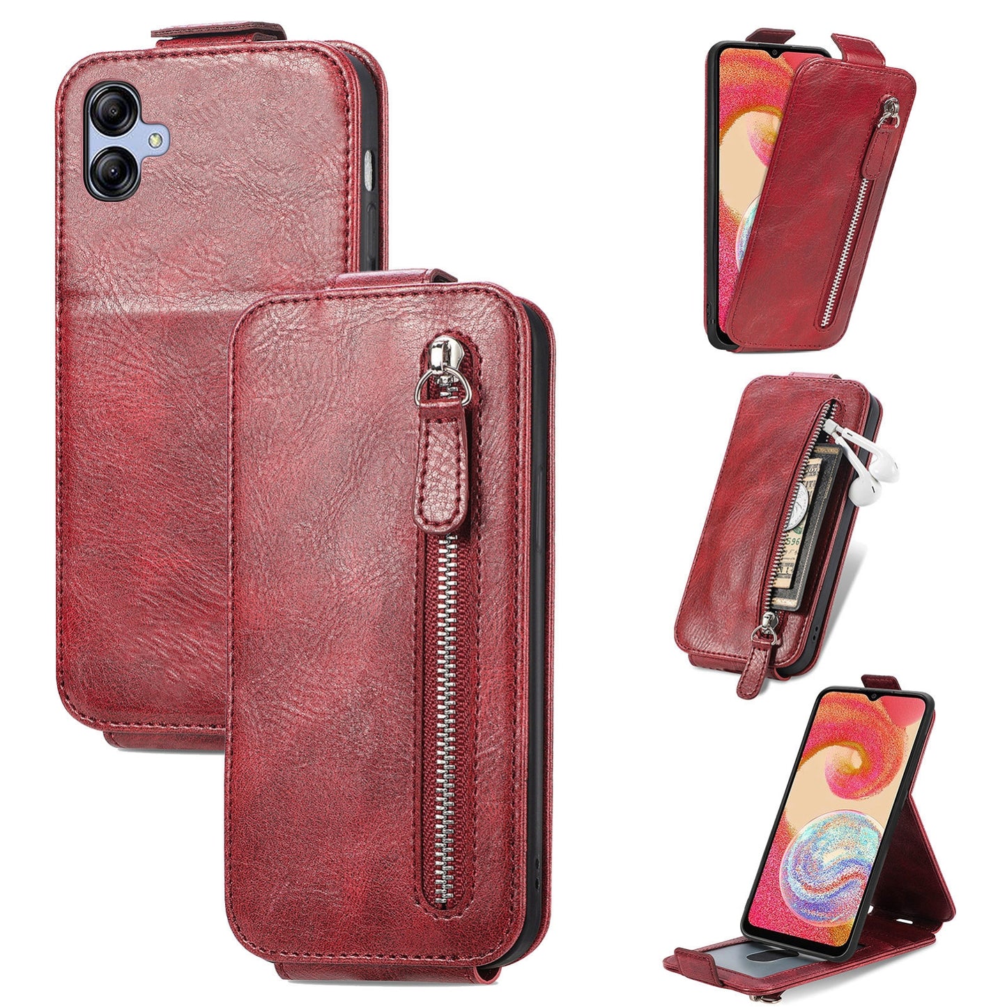 Samsung Galaxy A04e Zipper Wallet Case - Vertical Flip Leather Phone Cover with Multiple Card Slots and Stand