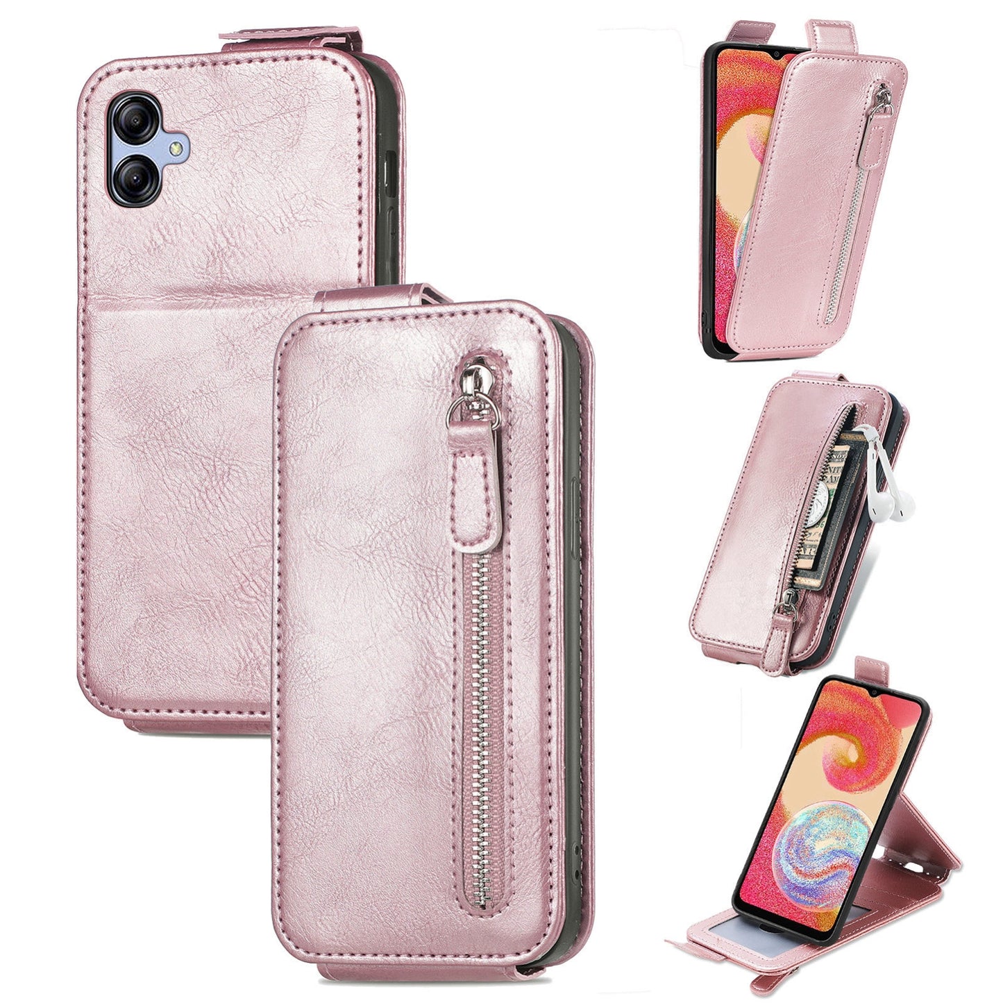 Samsung Galaxy A04e Zipper Wallet Case - Vertical Flip Leather Phone Cover with Multiple Card Slots and Stand