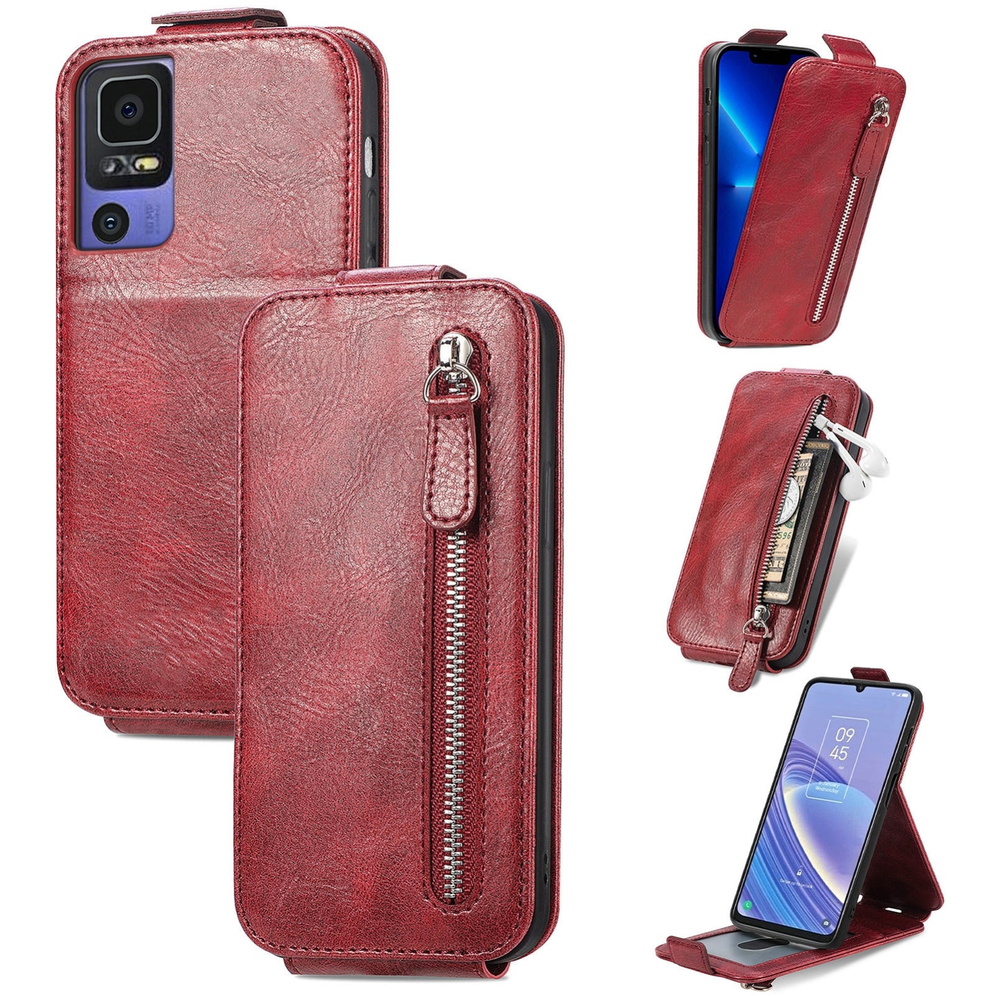 TCL 40 SE Zipper Wallet Case - Vertical Flip Leather Phone Cover with Multiple Card Slots and Stand