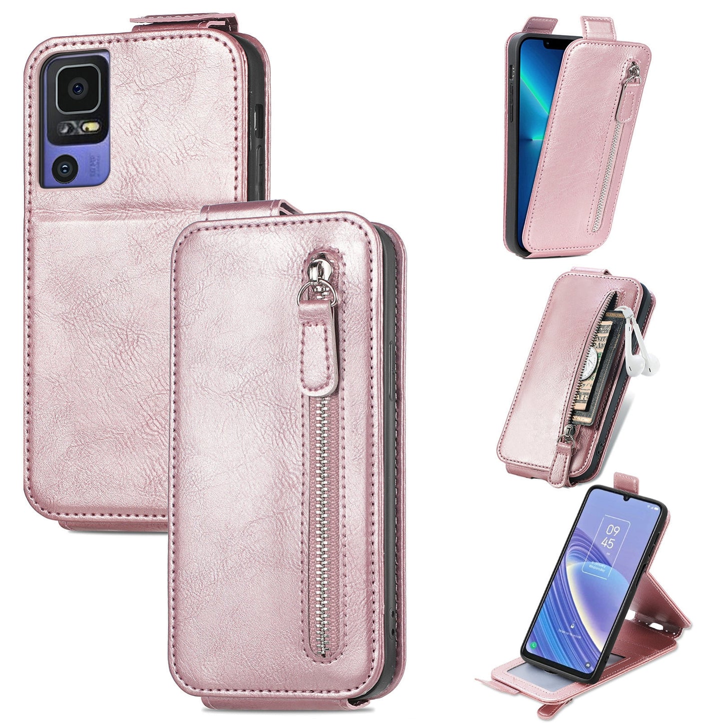 TCL 40 SE Zipper Wallet Case - Vertical Flip Leather Phone Cover with Multiple Card Slots and Stand