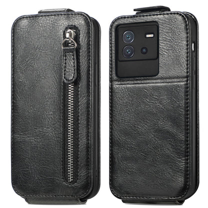 vivo iQOO Neo 6 Zipper Wallet Case - Vertical Flip Leather Phone Cover with Multiple Card Slots and Stand