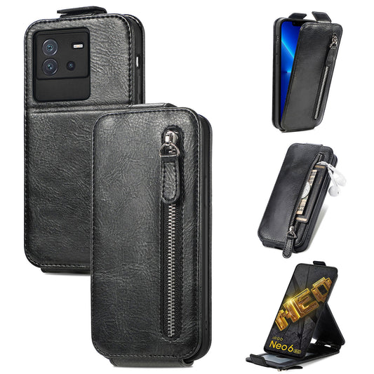 vivo iQOO Neo 6 Zipper Wallet Case - Vertical Flip Leather Phone Cover with Multiple Card Slots and Stand