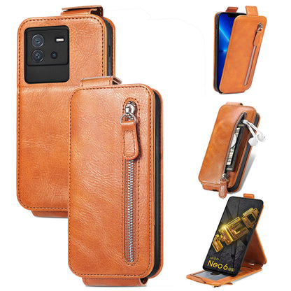 vivo iQOO Neo 6 Zipper Wallet Case - Vertical Flip Leather Phone Cover with Multiple Card Slots and Stand