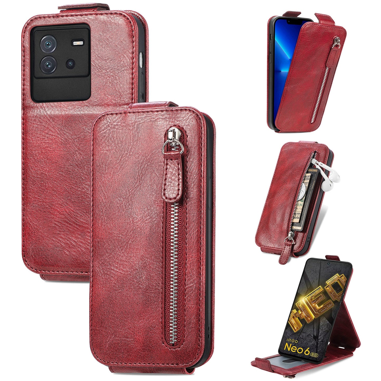 vivo iQOO Neo 6 Zipper Wallet Case - Vertical Flip Leather Phone Cover with Multiple Card Slots and Stand