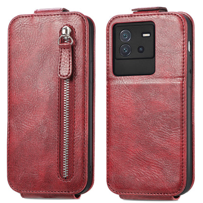 vivo iQOO Neo 6 Zipper Wallet Case - Vertical Flip Leather Phone Cover with Multiple Card Slots and Stand